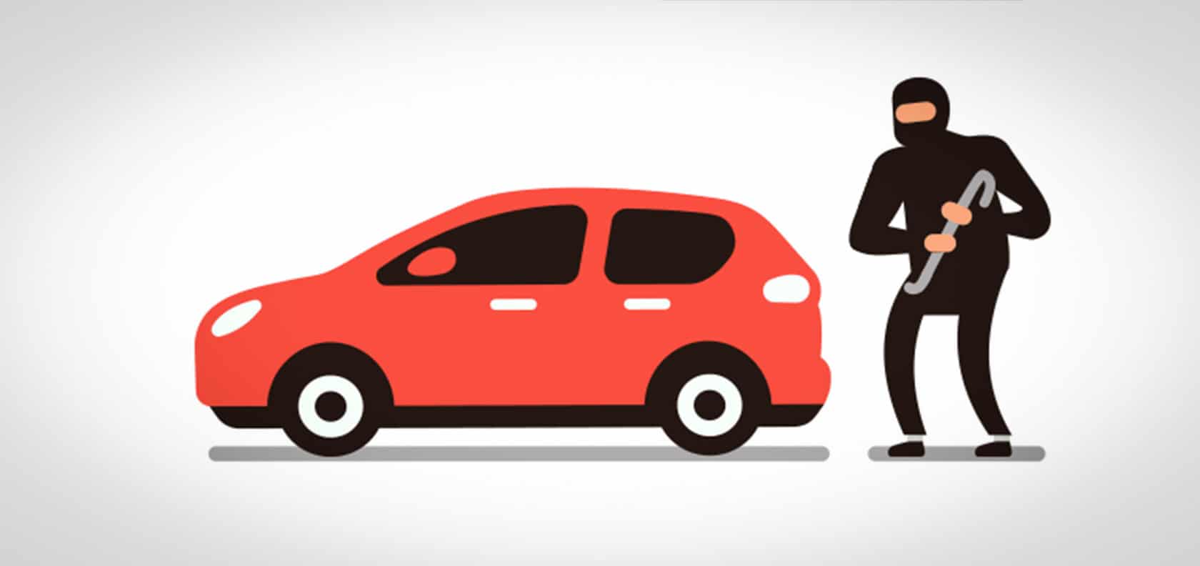 Illustration of a thief dressed in black stealing a red parked car.