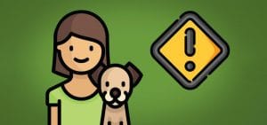 Illustration of a woman with a pet and a symbol of danger from a dog bite.