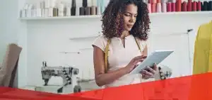 Small-Business_Blog-Feature Illustration of a woman with a pet and a symbol of danger from a dog bite.